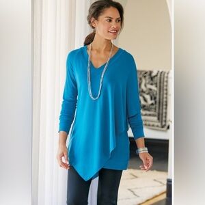 Soft Surroundings Madeline V-Neck Cape Tunic Sweater Teal Blue SP